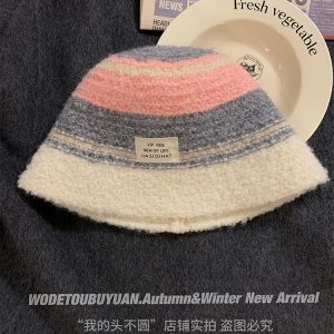 Color-Contrast Plush Knitted Bucket Beanie Hat for Women - Y2K Fisherman Style for Autumn/Winter 2024
