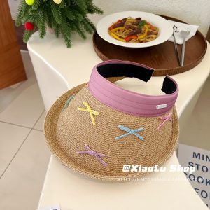 Colorful Bow Sun Hat for Girls - Woven Straw Open-Top Beach Vacation Sunshade, Perfect for Summer Fun and Outdoor Adventures