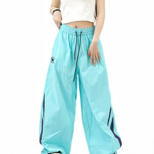 Colorful Color-Blocking Wide-Leg Loose Long Pants for Women - Retro American Summer Nylon Sports Casual Style