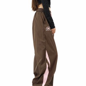 Colorful Color-Blocking Wide-Leg Loose Long Pants for Women - Retro American Summer Nylon Sports Casual Style