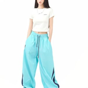 Colorful Color-Blocking Wide-Leg Loose Long Pants for Women - Retro American Summer Nylon Sports Casual Style