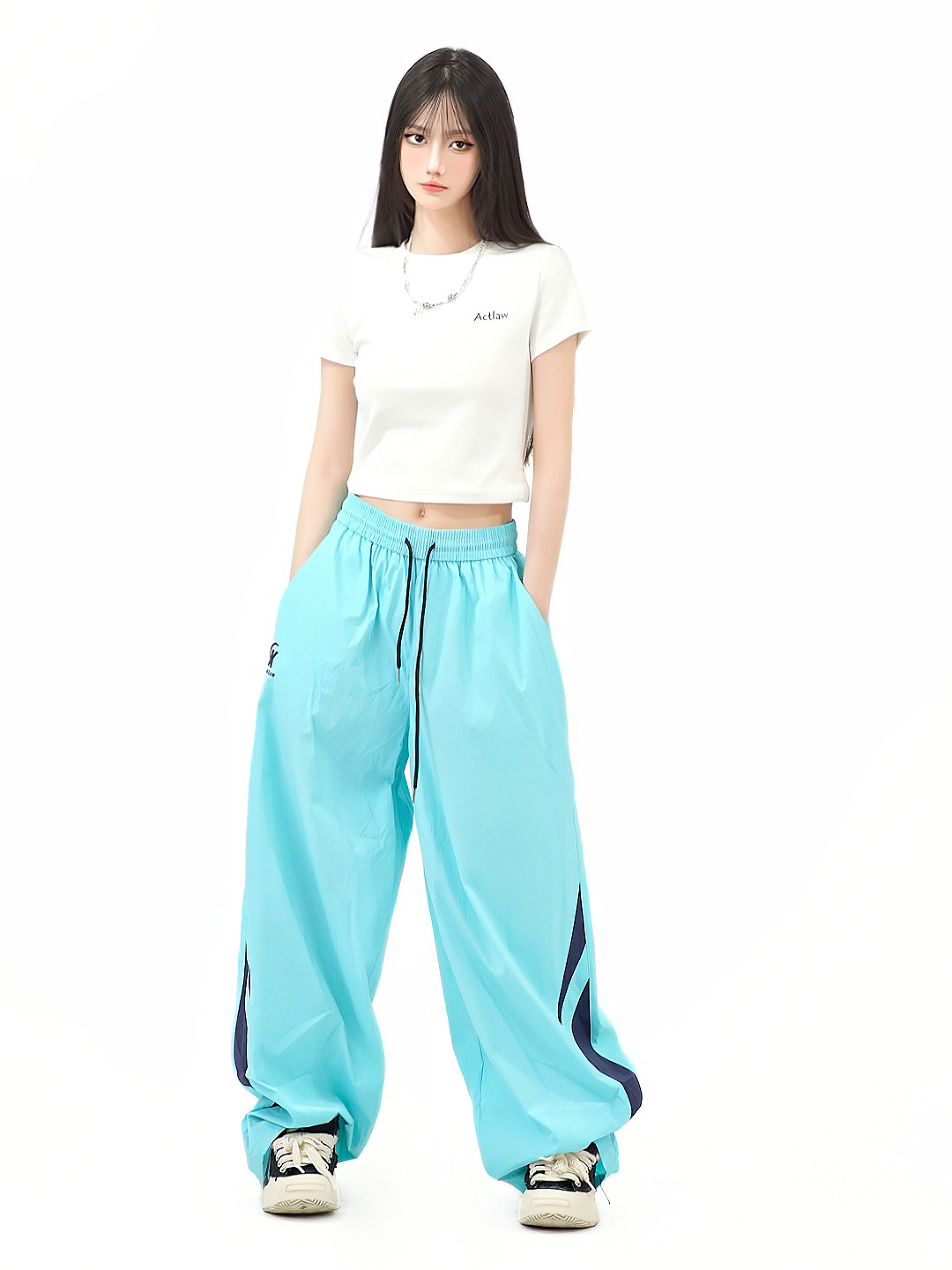 Colorful Color-Blocking Wide-Leg Loose Long Pants for Women - Retro American Summer Nylon Sports Casual Style