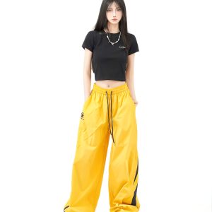 Colorful Color-Blocking Wide-Leg Loose Long Pants for Women - Retro American Summer Nylon Sports Casual Style