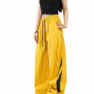 Colorful Color-Blocking Wide-Leg Loose Long Pants for Women - Retro American Summer Nylon Sports Casual Style