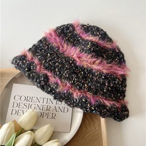 Colorful Dot Patchwork Furry Fisherman's Hat for Women | Warm Knitted Wool Bucket Hat | Winter Fashion Accessory