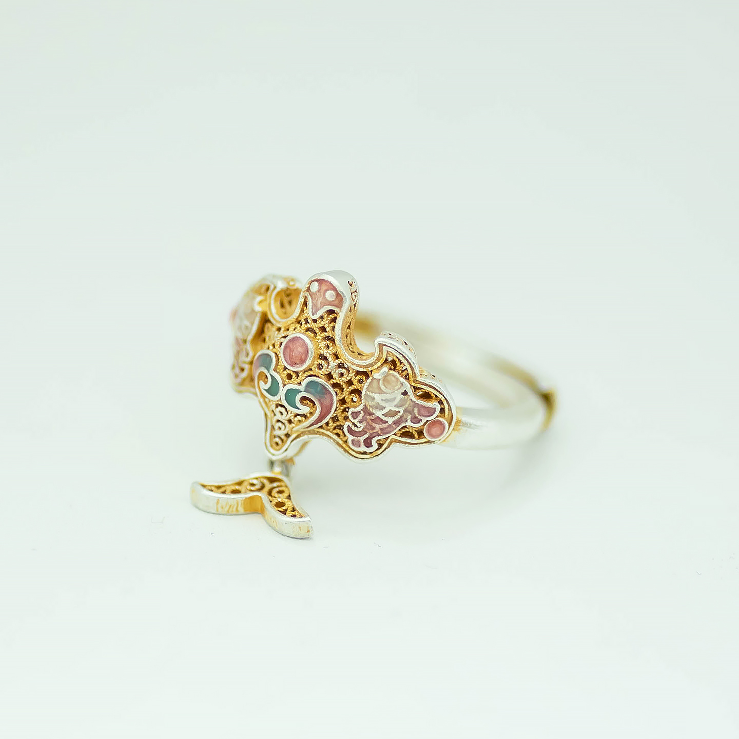 Colorful Enamel Double Fish Open Ring in 999.9 Pure Silver - Chinese Style High-End Jewelry for Women