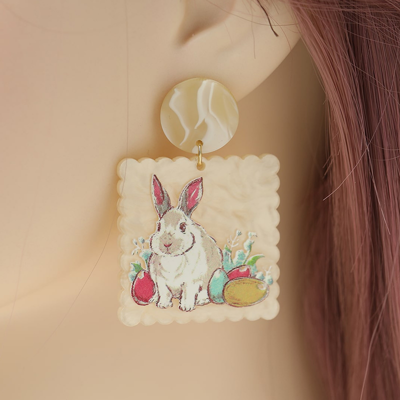 Colorful Geometric Rabbit Ear Pendant Earrings with Carrot Design – Beige Easter-Inspired Square Jewelry Accessories
