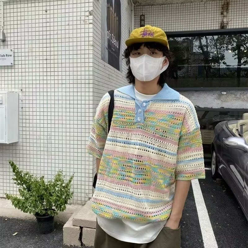 Colorful Gradient Hollow Knit Polo Shirt for Men and Women - Casual Loose Fit, Summer Vibes, Fresh American Style