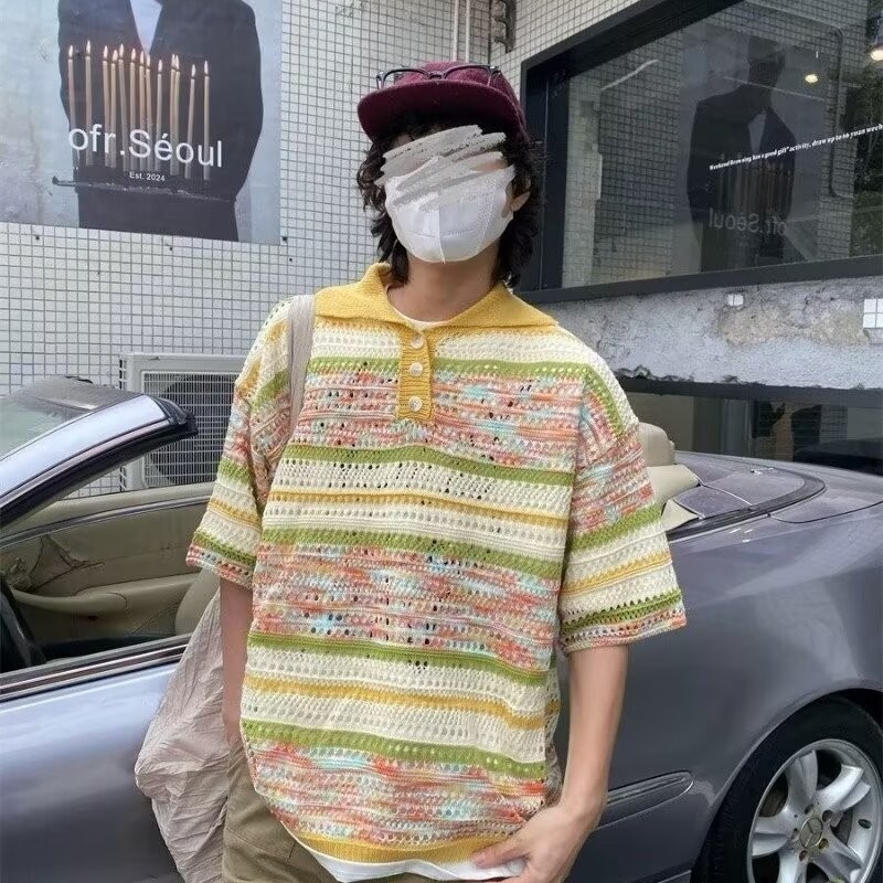 Colorful Gradient Hollow Knit Polo Shirt for Men and Women - Casual Loose Fit, Summer Vibes, Fresh American Style
