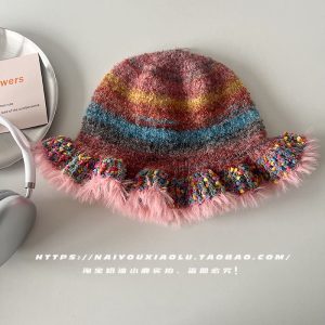 Colorful Heart Lace Edge Knitted Fisherman Hat for Women - Autumn Winter Woolen Bucket Hat, Trendy 90s Y2K Style
