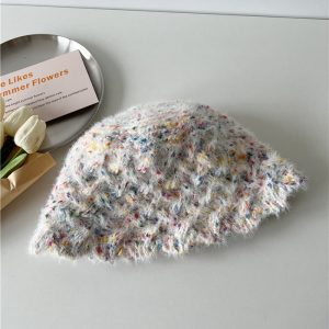 Colorful Knitted Plush Fisherman's Hat for Girls - Versatile Bean-Shaped Bucket Hat for Autumn and Winter, Trendy Student Style
