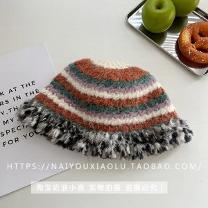 Colorful Knitted Plush Fisherman's Hat for Women - Retro Warm Ear Protection Beanie for Autumn and Winter, Trendy Small Face Style