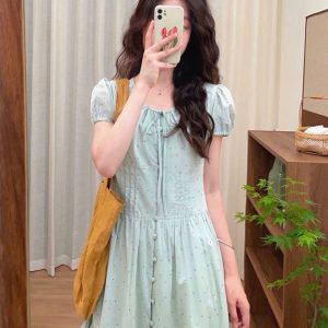 Colorful Plaid Polka Dot Button Dress for Women - Vintage Waist-Defining Short Sleeve Long Dress - Summer 2024 Fashion