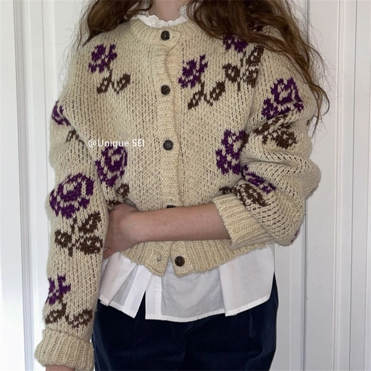 Colorful Rose Pattern Knitted Cardigan Sweater - Casual Versatile Autumn Winter Layering Piece, Street Style Fashion