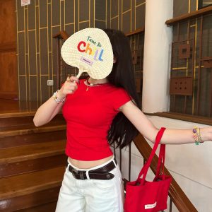 Colorful Waist-Cinched Shoulder Tee - Cool, Breathable Summer Top for Effortless Style - Perfect for 90s and Y2K Fashion Lovers