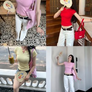 Colorful Waist-Cinched Shoulder Tee - Cool, Breathable Summer Top for Effortless Style - Perfect for 90s and Y2K Fashion Lovers