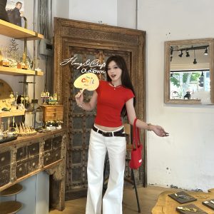 Colorful Waist-Cinched Shoulder Tee - Cool, Breathable Summer Top for Effortless Style - Perfect for 90s and Y2K Fashion Lovers