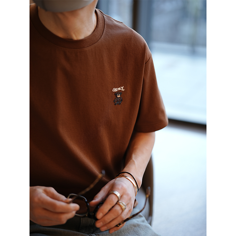 Colorful Woven Bear Embroidered Short-Sleeve T-Shirt for Men - Korean Style Spring/Summer Trendy Round Neck Top