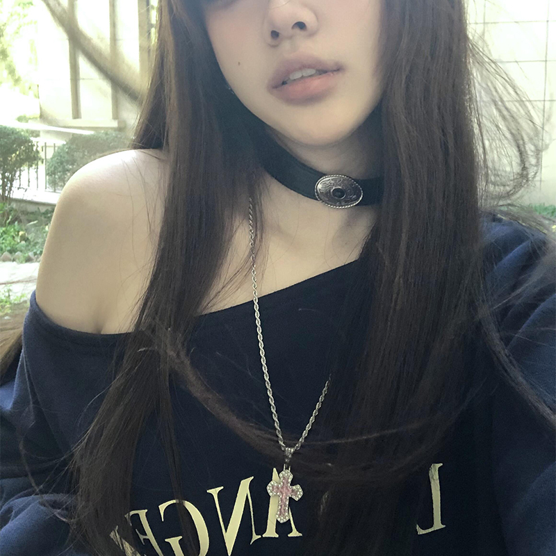 Colorful Zircon Cross Necklace for Women, Y2K Retro Round Pendant Choker, Layered Sweater Chain Accessory