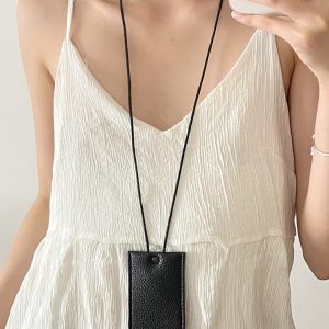 Compact Leather Key Pouch - Stylish Mini Pull-Out Design for Neck Hanging Key Storage Accessory
