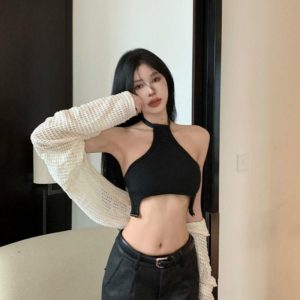 Cotton Backless Halter Camisole for Women - Irregular Slim Fit Cropped Top with Exposed Navel Design, Spicy Girl Style
