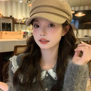 Cotton-Linen Octagonal Hat for Women - Elegant Solid Color Newsboy Cap, Spring Autumn Style, Face-Slimming Design