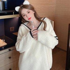 Cozy Hooded Thickened Fleece Pajama Set for Women - Autumn Winter Coral Fleece Loungewear, Trendy 2025 Style