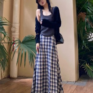 Cozy Knitted Cardigan and Slimming Plaid Midi Skirt Three-Piece Set for Women - Chic Early Autumn Outfit