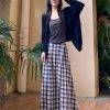 Cozy Knitted Cardigan and Slimming Plaid Midi Skirt Three-Piece Set for Women - Chic Early Autumn Outfit