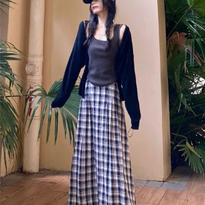 Cozy Knitted Cardigan and Slimming Plaid Midi Skirt Three-Piece Set for Women - Chic Early Autumn Outfit
