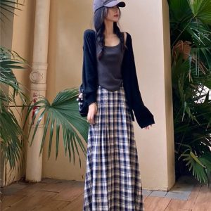 Cozy Knitted Cardigan and Slimming Plaid Midi Skirt Three-Piece Set for Women - Chic Early Autumn Outfit