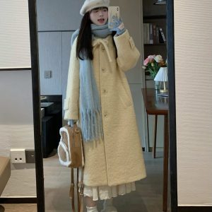 Cozy Long Woolen Coat for Women in Goose Yellow - Plush Thick Circle Design for Autumn and Winter Style