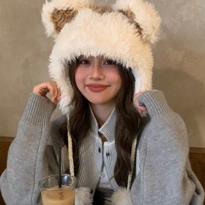 Cozy Plush Teddy Bear Hat for Women, Thick Fleece-Lined Pullover for Winter Ear Protection, Trendy Lei Feng Style