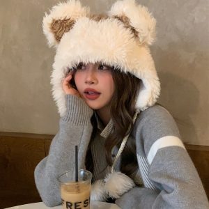 Cozy Plush Teddy Bear Hat for Women, Thick Fleece-Lined Pullover for Winter Ear Protection, Trendy Lei Feng Style