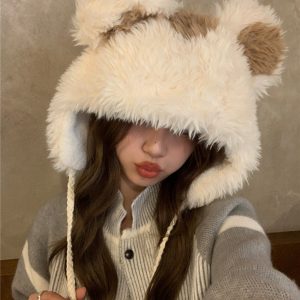 Cozy Plush Teddy Bear Hat for Women, Thick Fleece-Lined Pullover for Winter Ear Protection, Trendy Lei Feng Style