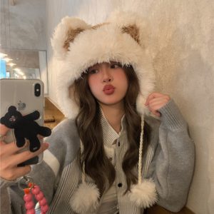 Cozy Plush Teddy Bear Hat for Women, Thick Fleece-Lined Pullover for Winter Ear Protection, Trendy Lei Feng Style