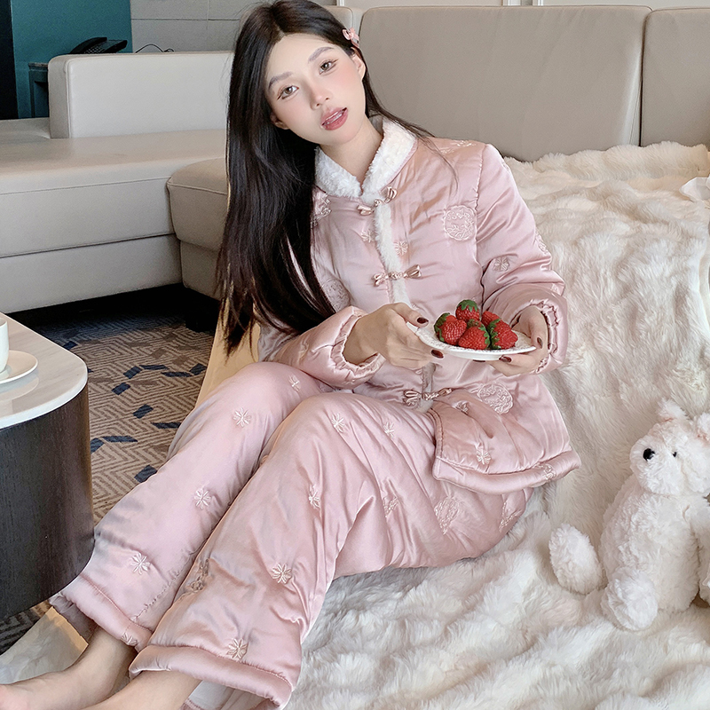 Cozy Women's Pajamas Set - Embroidered Coral Fleece, Three-Layer Cotton-Padded, Thickened National Style for Autumn and Winter Homewear