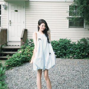 Cream Blue Bow Knot Bud Skirt Elegant Slim Fit Sleeveless Dress - Fairy Summer Style, First Love Series, Perfect for 90s Inspired Looks