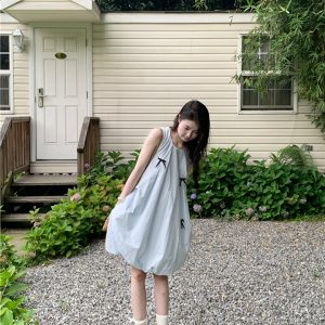 Cream Blue Bow Knot Bud Skirt Elegant Slim Fit Sleeveless Dress - Fairy Summer Style, First Love Series, Perfect for 90s Inspired Looks