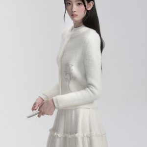 Cream Mousse Rose Print Mink Fur Knitted Cardigan Top - Elegant Women's Layering Piece for Chic Fall Fashion