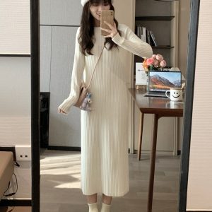 Cream White Loose Waist-Defining Knitted Long Inner Dress - Spring Style, Thick Fabric for a Flattering Silhouette