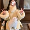 Cream Yellow Fox Fur Cuff and Collar Short Wool Coat for Women, Double-Sided Autumn Winter Trench Outerwear