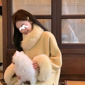 Cream Yellow Fox Fur Cuff and Collar Short Wool Coat for Women, Double-Sided Autumn Winter Trench Outerwear
