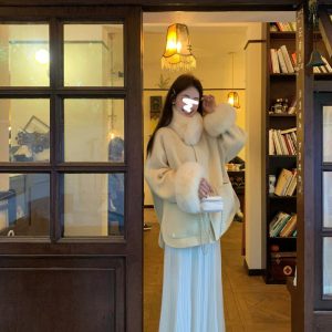 Cream Yellow Fox Fur Cuff and Collar Short Wool Coat for Women, Double-Sided Autumn Winter Trench Outerwear