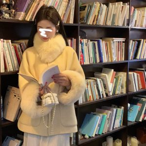 Cream Yellow Fox Fur Cuff and Collar Short Wool Coat for Women, Double-Sided Autumn Winter Trench Outerwear