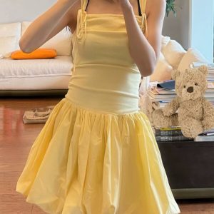 Cream Yellow Sleeveless Floral Dress for Women, Summer Sweet First Love, Puff Skirt, Dopamine Outfit, Trendy 90s Style