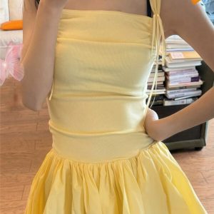 Cream Yellow Sleeveless Floral Dress for Women, Summer Sweet First Love, Puff Skirt, Dopamine Outfit, Trendy 90s Style