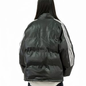 Crocodile Skin Pattern Cotton Jacket with Striped Webbing for Couples - Thickened Winter Coat, Trendy National Style