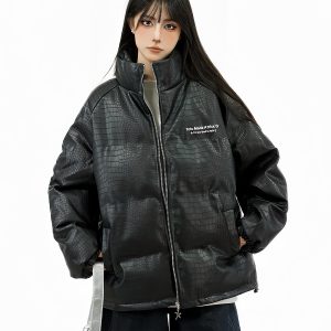 Crocodile Skin Pattern Cotton Jacket with Striped Webbing for Couples - Thickened Winter Coat, Trendy National Style