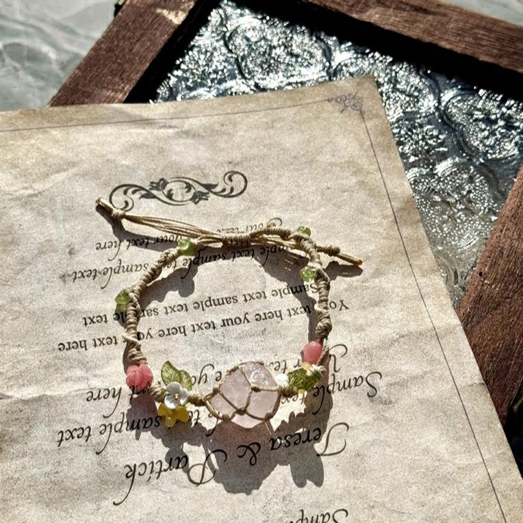 Crystal Pink Yellow Macrame Bracelet - Boho Chic Jewelry, Handmade Style, Unique Gift for Her